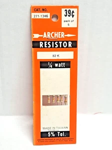 5 piezas Archer Radio Shack Resistencia 1/4 vatio, 5% Tol., 82K Cat. No. 271-1346 NOS - Imagen 1 de 6