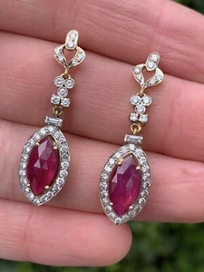 18ct Gold Faceted Ruby & Diamond Incredible Large Drop Dangley Earrings 3.2 Gram - Picture 1 of 9