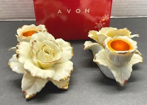 Avon Winter Rose Kerzenhalter Set Elfenbein Gold 2005 Weihnachten Urlaub Deko Box - Bild 1 von 12