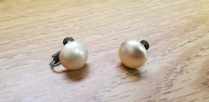 VTG Signed Marvella Sterling Silver Earrings Faux Pearl Screw Clip Comfortable - Picture 1 of 6