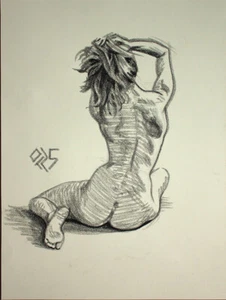 Original Female Charcoal on paper life Drawing nude Girl woman artwork realism - Picture 1 of 1