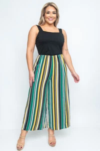 Womens Plus Size Black and Green Stripe Jumpsuit 1XL Wide Leg Stretch - Picture 1 of 2
