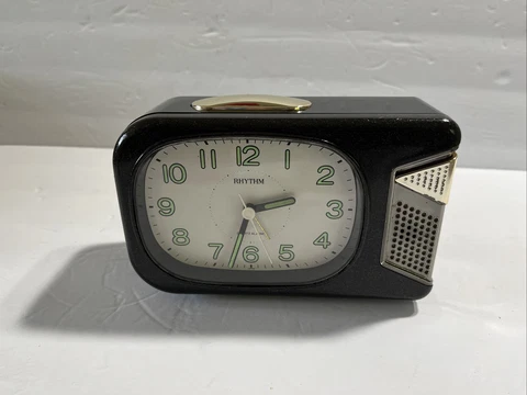 Vintage Rhythm Quartz Alarm Clock Analog Bell Sound Made in Japan Mid century Cover