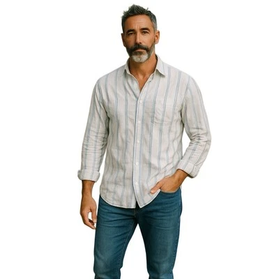 Aeropostale 男式正装衬衫蓝色白色条纹长袖纽扣 M 码 — 第 1/4 张图片