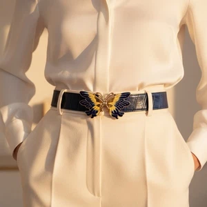 Vintage 1980s Eel Skin Belt – Navy Blue w/ Gold Enamel Butterfly Buckle - Picture 1 of 15