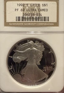 1992-S Silver American Eagle Proof Dollar NGC PF 69 Ultra Cameo - Picture 1 of 4