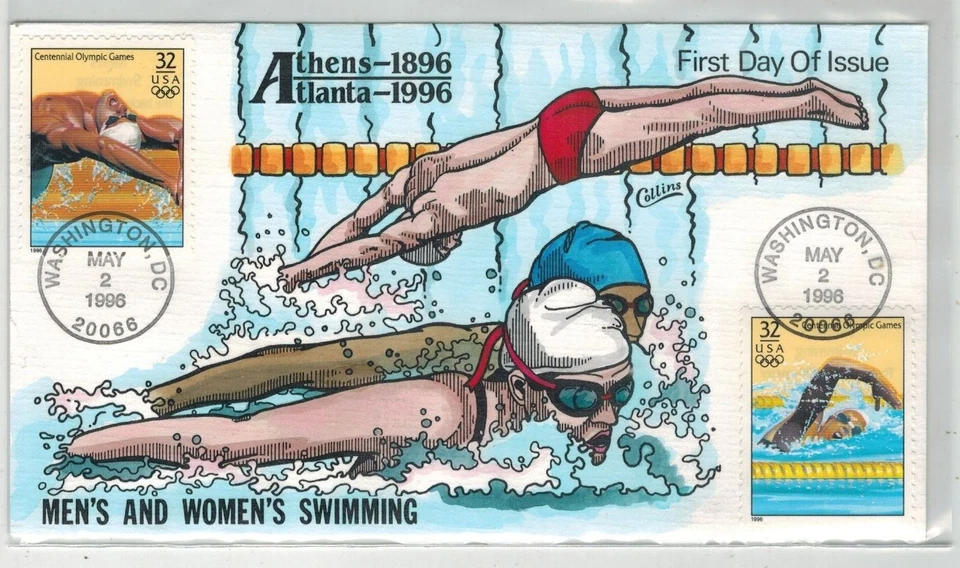 1996 COLLINS HANDPAINTED ATLANTA OLYMPICS MEN'S & WOMEN'S SWIMMING EVENTS - Image 1 of 1