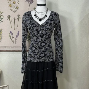 90s Y2k Floral Metallic Flare Sleeve Top Whimsigoth Romantic Goth Dark Fairy M - Picture 1 of 7