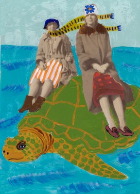 Vintage Ladies Travel by Sea Turtle Original ACEO 2.5x3.5 – Folk Art Painting - Image 1 of 4