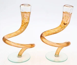 Paar Michael Hudson handgefertigte mundgeblasene Spirale Kunst Glas orange Kerzenständer - Bild 1 von 10