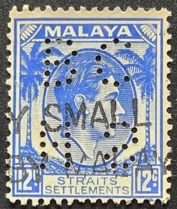 Malaya - 1937 Scott #255 King George VI Blue Straits Settlements - "BCHS" PERFIN - Bild 1 von 3