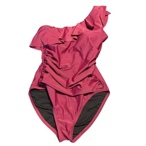 Hilor Badeanzug Damen Größe 8 One Shoulder Rüschen Burgunderrot Rüschen Schlankmacher - Bild 1 von 5