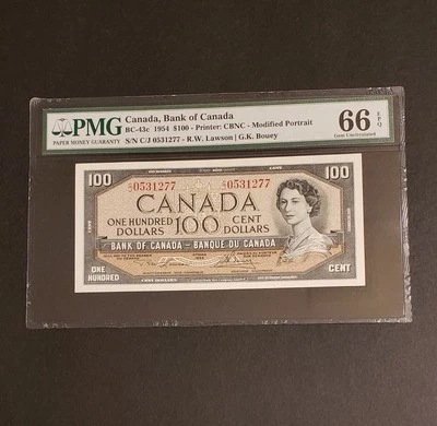 1954 Bank of Canada $100 Banknote. Modified Portrait. GEM UNC-66. PMG Graded. - Image 1 of 2