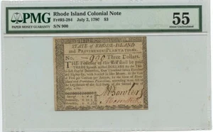 1780 July 2, $3 Rhode Island Colonial Note FR#RI-284 PMG AU55 Fully Signed - Picture 1 of 2