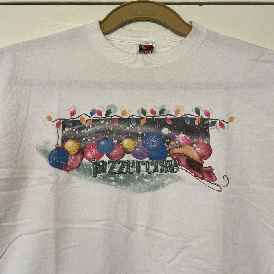 Camiseta JAZZERCISE Vintage Años 90 Adulto Talla XL Blanca con Adornos de Navidad Foto 1 de 4