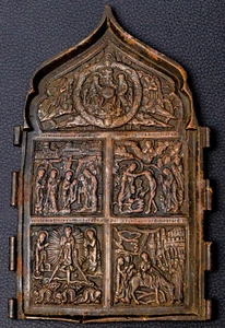 Antiques Orthodox Russian Bronze KEELED Icon HOLIDAYS 1913 1917 Silkway - Picture 1 of 7
