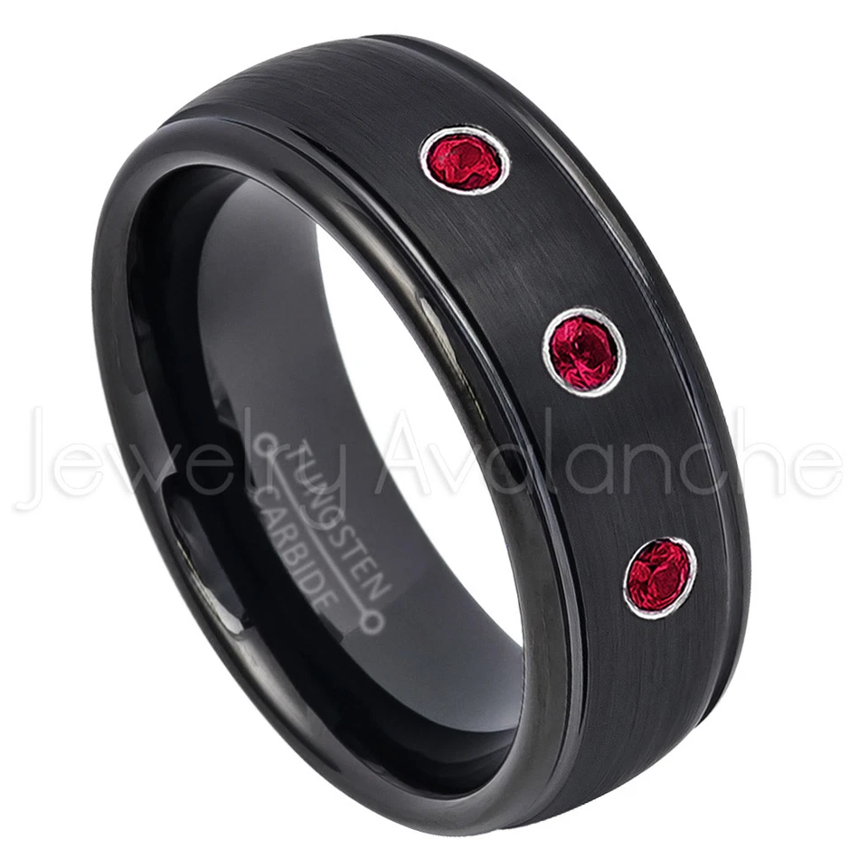 Anillo de tungsteno negro cúpula para hombre, anillo de 3 piedras rubí 0,21 quilates, piedra de nacimiento de julio #664 Foto 1 de 1