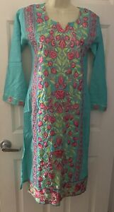 Women Indian Pakistani Embroidered Floral Green Salwar Kameez Long Sleeve S