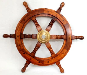 Deko Steuerrad aus Holz, massiv und schwer mit Messingnabe Ø ca. 47cm - Bild 1 von 3