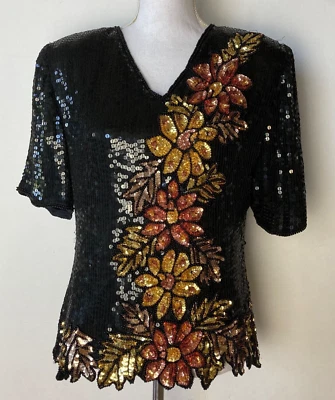 Ste'nay M Sequin Silk Top Floral Evening Cocktail Black Gold Copper Short Sleeve - Image 1 of 4