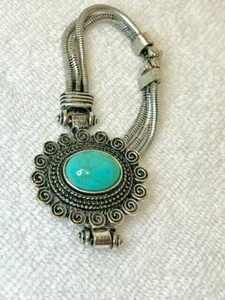 Multi Chain Oval Turquoise on Silver Bracelet with snap clasp - Picture 1 of 7