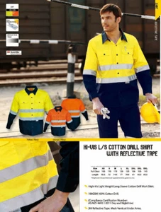 Hi-Vis Long Sleeve Light Weight Cotton Drill Safety Shirt W/ 3M Reflective Tape - Foto 1 di 3