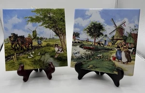 ZWEI Ter Steege Keramikfliesen 6" Holland Windmühle Wanddekor mit Ständer - Bild 1 von 8