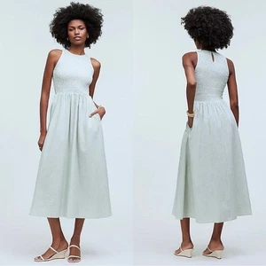 madewell the melody smocked midi dress pistachio stripe np125 women xsmall - Picture 1 of 9