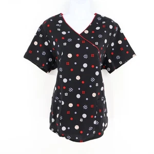 Scrub Star Scrub Top Womens Size L Black Polka Dot Cotton Pockets Short Sleeve - Picture 1 of 7