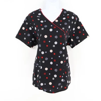 Scrub Star Scrub Top Womens Size L Black Polka Dot Cotton Pockets Short Sleeve - Image 1 of 4