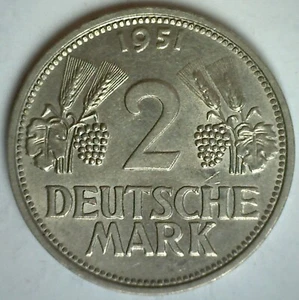 1951 G Germany Copper Nickel 2 Deutsche Mark Coin Almost Uncirculated Eagle - Picture 1 of 2