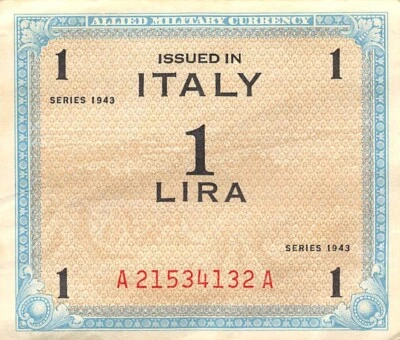 Italia 1 Lira Serie de 1943 Bloque A Segunda Guerra Mundial Emisión Billete Circulado MjK Foto 1 de 2