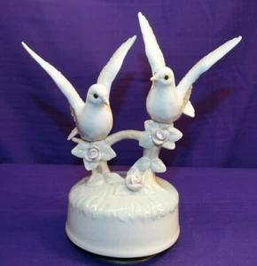 VINTAGE OTAGIRI PORCELAIN GLAZED MUSIC BOX PAIR WHITE DOVE ON ROSE BRANCH WORKS - Picture 1 of 7