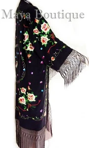 Gelb Rose bestickt Seide Fransen Jacke Oper Mantel Kimono Maya Matazaro USA - Bild 1 von 10