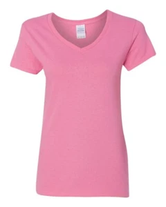 Gildan 5V00L Womens V-Neck Tee Basic Cotton T-Shirt Top Azalea Medium - Picture 1 of 4