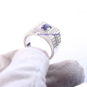 Natural Iolite & CZ Gemstones with 925 Sterling Silver Ring For Men's #665 - Picture 1 of 4