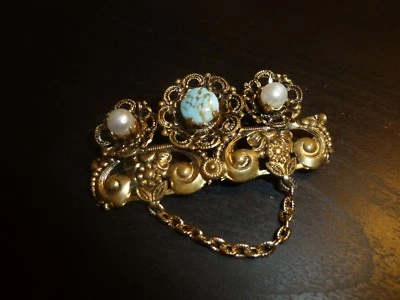 BROSCHE Anstecknadel - goldfarben - 1x TÜRKIS 2x Saatperlen - Bild 1 von 3