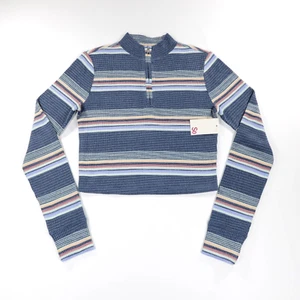 SO Women's Mock Neck Long Sleeve Quarter Zip Soft Rib Cropped Sweatshirt Blue M - Picture 1 of 9