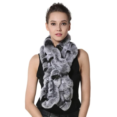 Real Fur Scarf Wrap for Women Rex Rabbit Fur Neckerchiefs Winter Long Muffler - Image 1 of 4
