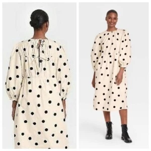 WHO WHAT WEAR Baloon Sleeve Tie Back Cotton Polka Dot Black White Cream Dress S - Picture 1 of 3