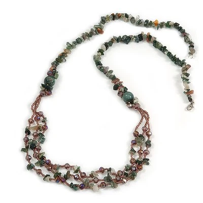 Statement Long Multistrand Purple Glass Beads and Green Malachite Semiprecious - Image 1 of 4