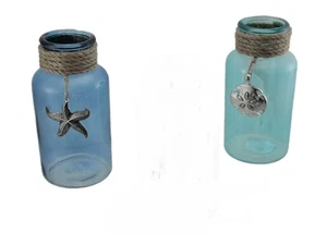 Scratch & Dent Blue and Green 2 Piece Rope Wrapped Coastal Glass Vase Set - Picture 1 of 3