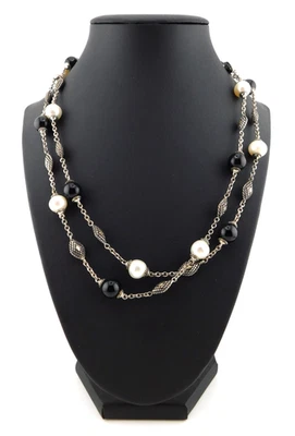 Colar longo CJI Andrea Candela prata esterlina 925 e ouro 18K pérola e ônix 38" - Imagem 1 de 4