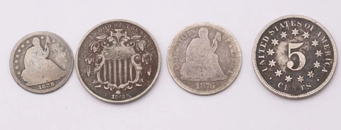 4 Early US Five & Ten Cent Coins, Dime, Half Dime and Nickels. 1838, 1868, 1876 Cover