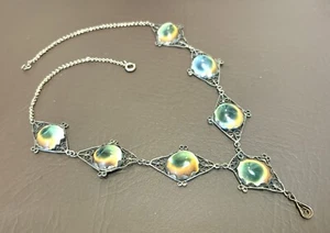 Antique Silver Operculum Cats Eye Heart Pendant Shell Necklace Filigree Vintage - Picture 1 of 15