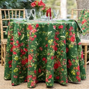 April Cornell Graceful Garden Floral Holiday Tablecloth 88 Inch Round Pine Green - Picture 1 of 5