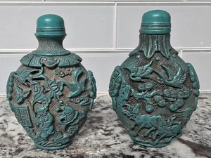 Antique Pair of Large (5"+) Handcarved Turquoise Resin Chinese Snuff Bottles - Picture 1 of 9