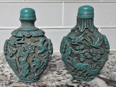 Antiguo par de botellas de tabaco chinas grandes (5"+) talladas a mano de resina turquesa Foto 1 de 4
