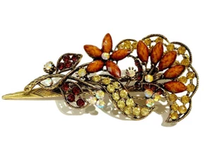 Rhinestone Floral Hair Piece Clip Brown Gold Sparkly Flower Wedding Formal Prom - Picture 1 of 9