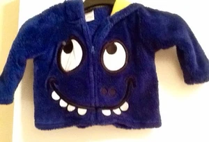 BOYS 12M BLUE 2 EYE MONSTER HOODED FUZZY JACKET WITH YELLOW EARS - Picture 1 of 4